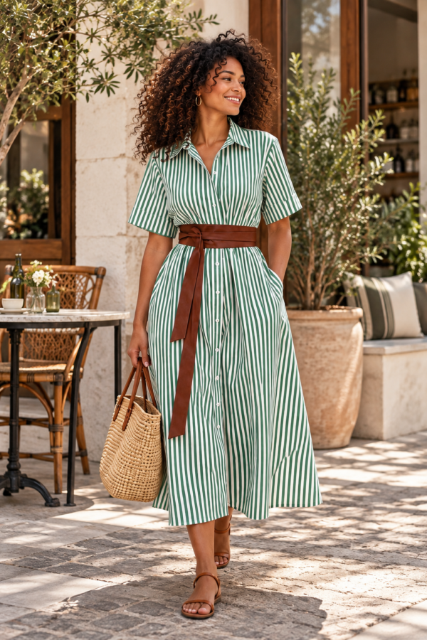 Flow Dress Green white stripe